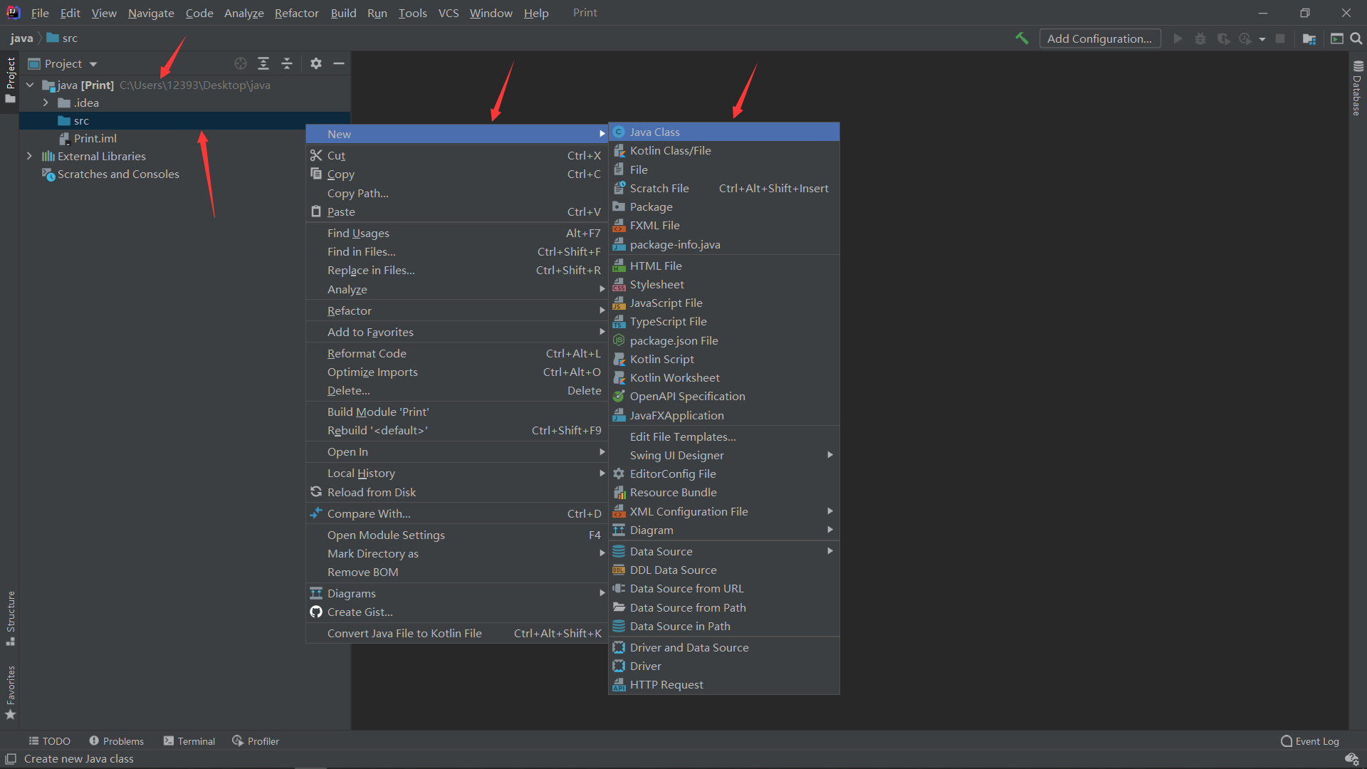 点击java然后在src文件夹中创建一个java class