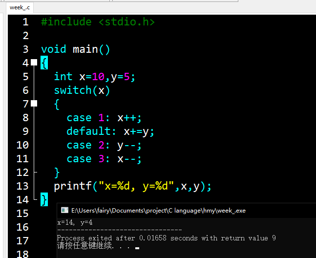 h>voidmain(){intx=10,y=5;switch(x){case1:x ;default:x =y;case2