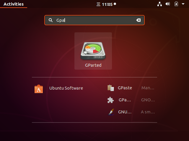 在搜索中查找已安装的Gparted软件