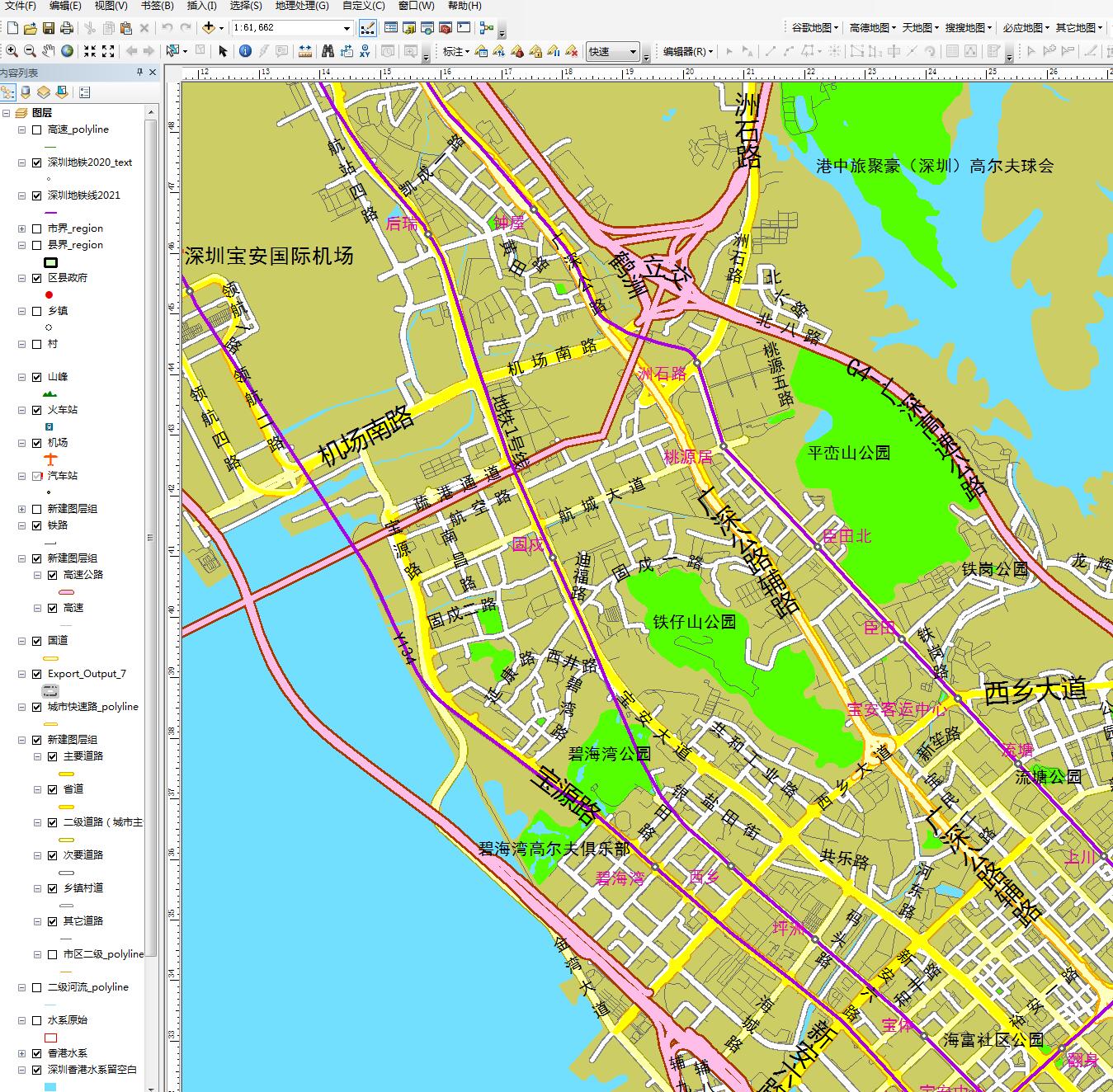 高品質深圳市地圖shp數據arcgis軟件道路地名縣區邊界水系地鐵站點