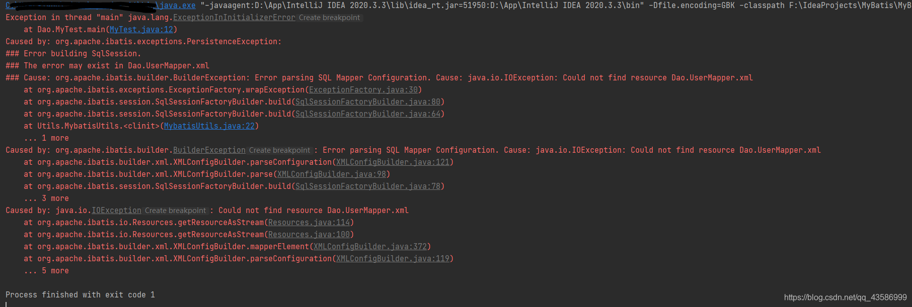 **报 Cause: org.apache.ibatis.builder.BuilderException: Error parsing SQL Mapper Configuration. Cause: java.io.IOException: Could not find resource Dao.UserMapper.xml的错误**