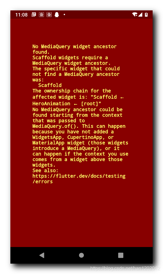 【错误记录】Flutter 界面报错 ( No MediaQuery widget ancestor found. | Scaffold widgets require a MediaQuery )