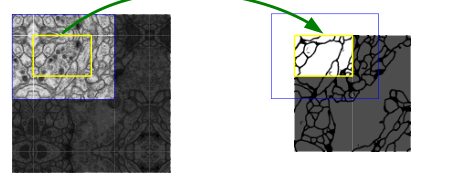 用于任意大图像无缝分割的重叠策略(这里是EM堆栈中的神经元结构分割)。预测分割在黄色区域，需要在蓝色区域内的图像数据作为输入。缺失的输入数据可以通过镜像来推断