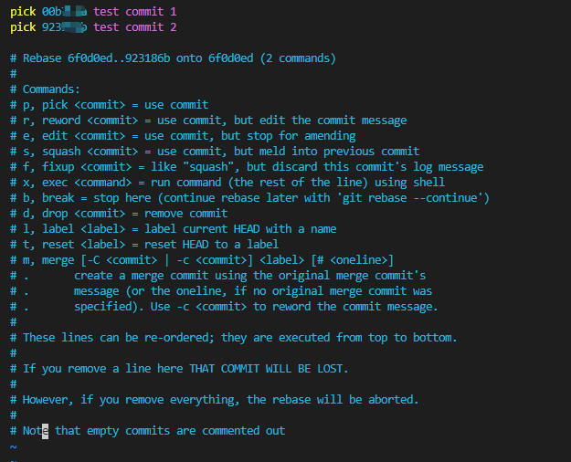 git rebase -i HEAD~2后的界面