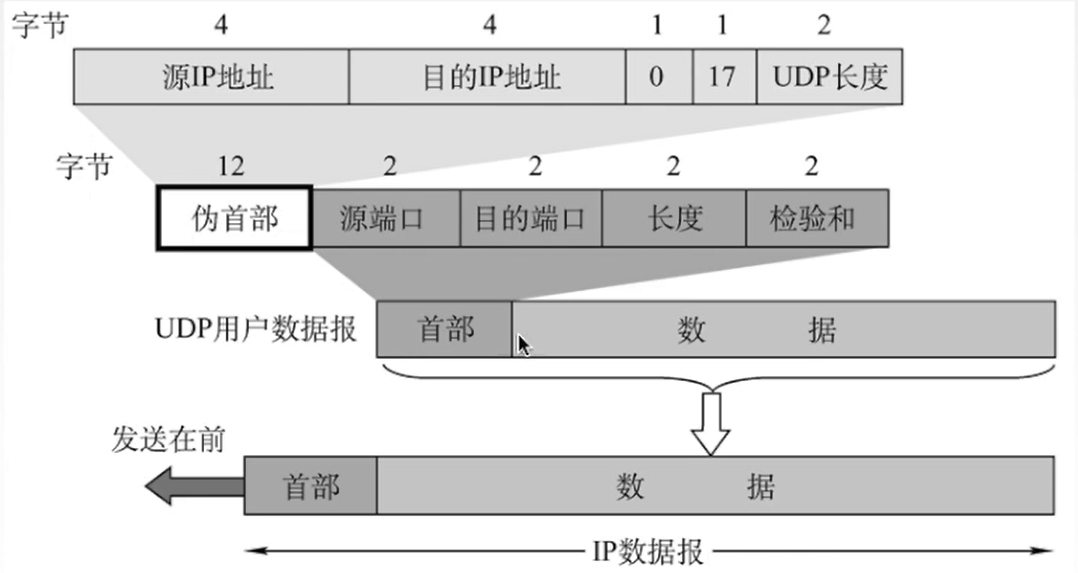 在上图中,udp用户数据报的首部包含伪首部,源端口,目的端口,长度,校验