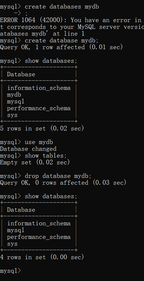 数据库MySQL相关操作||创建数据库、显示所有数据库、切换数据库、显示数据库下的数据库表、删除数据库