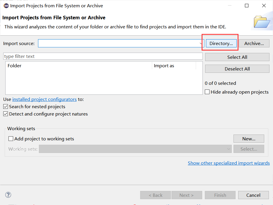 eclipse中import existing projects into workspace和open projects from file ...