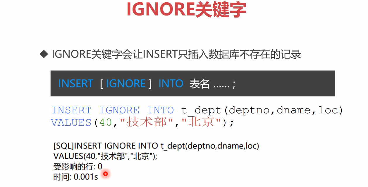 MySQL对数据的基本操作二：INSERT语句（INSERT语句方言，IGNORE关键字，子查询查询整条记录后插入）_insert