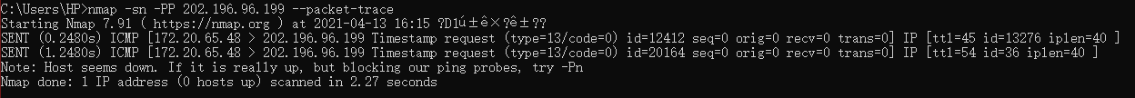 nmap -sn -PP 202.196.96.199 --packet-trace