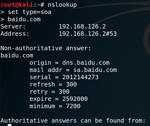 Kali Linux中nslookup指令的使用方法3_nslookup soa-CSDN博客