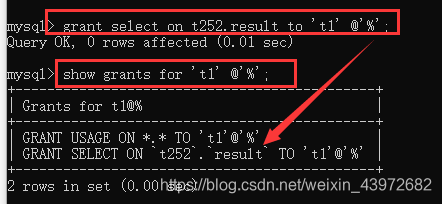 给用户t1授权(可查询数据库t252的result表)并查看用户t1的权限