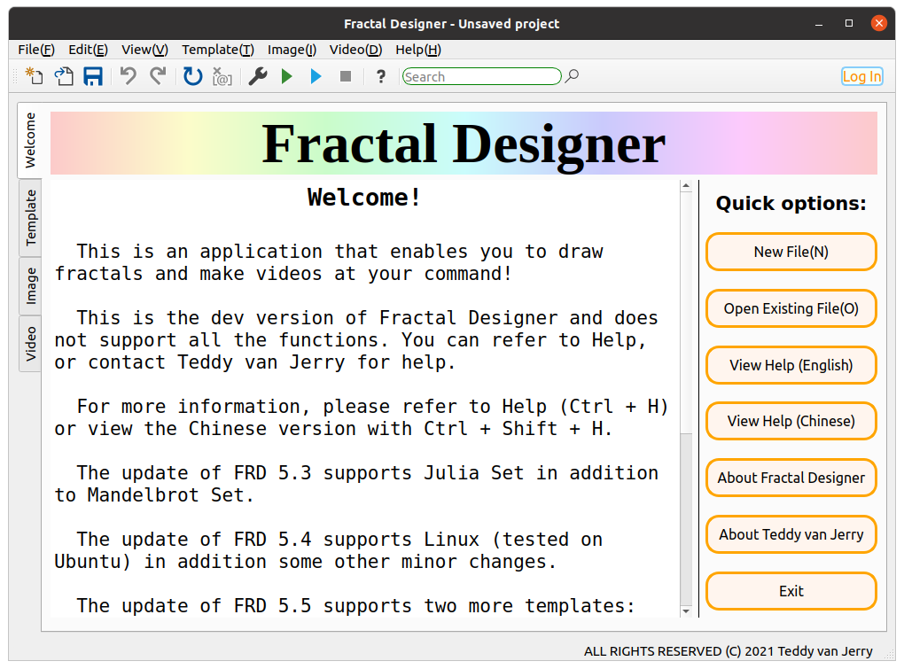Welcome Screen of Fractal Designer for Linux