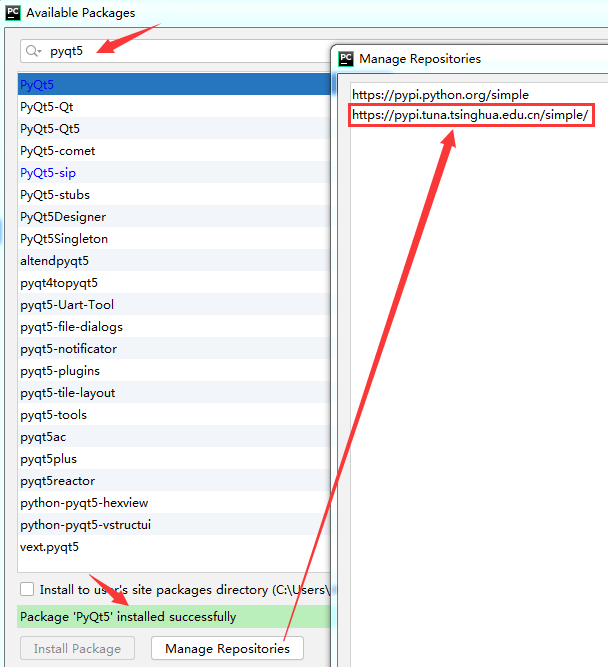 PyCharm下添加国内镜像源 https://pypi.tuna.tsinghua.edu.cn/simple/ 安装PyQt5包