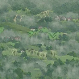 “mist over green hills” 生成的图片：雾气朦胧的青山