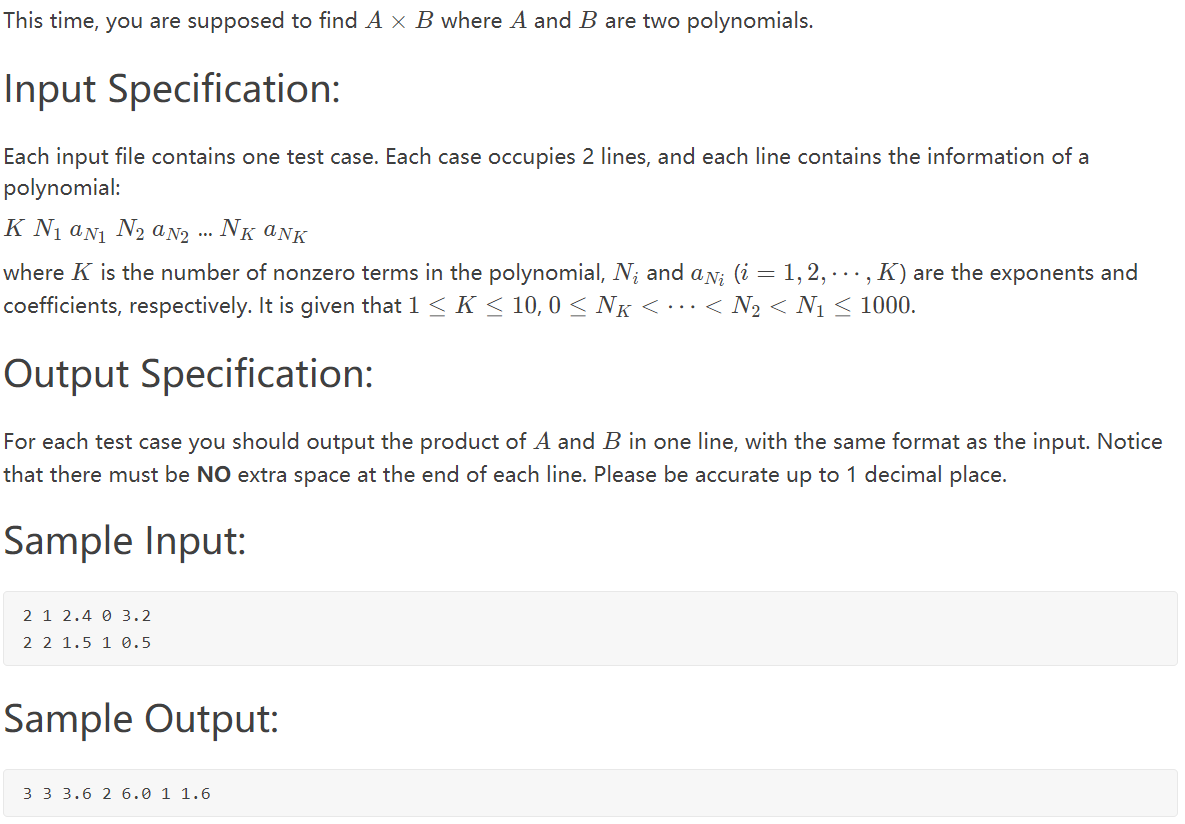 1009 Product of Polynomials (25 分)