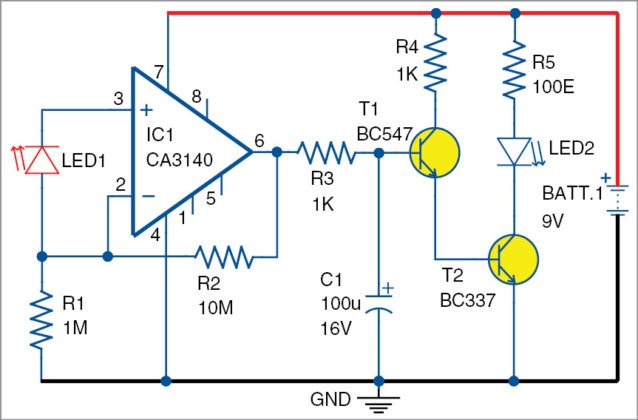 ▲ Circuit Diagram of an LED as light sensor