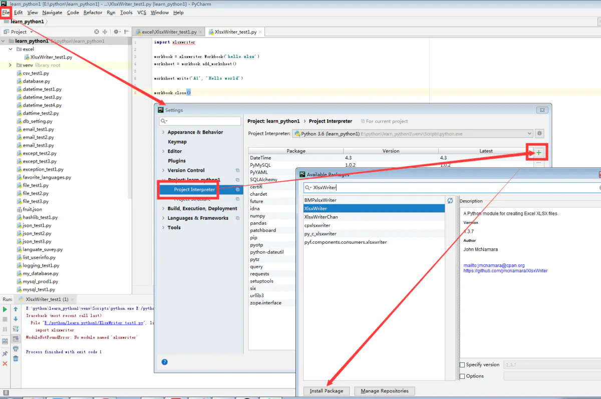 python-1-pycharm-modulenotfounderror-no-module-named-xlsxwriter