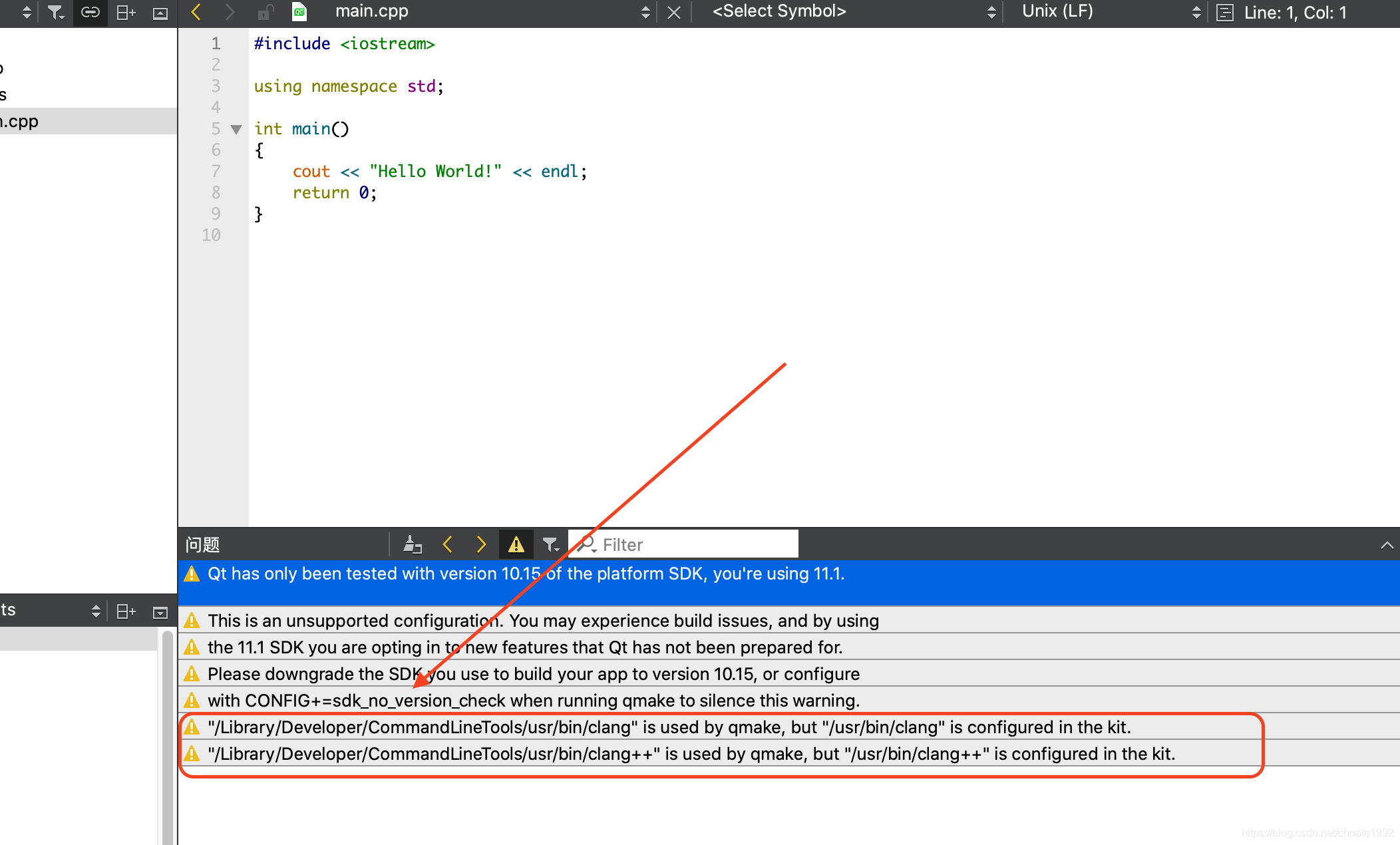 macOS 使用qt creator解决qmake warning_is used by qmake, but "" is