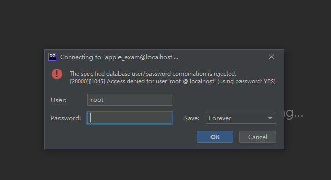 The specified database user/password combination is rejected: [28000 ...
