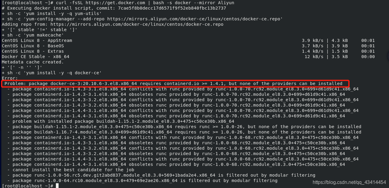 Problem: package docker-ce-3:20.10.6-3.el8.x86_64 requires containerd.io >= 1.4.1, but none of the providers can be installed