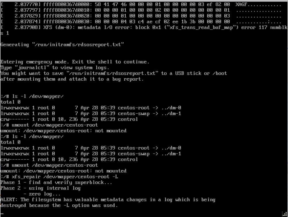 CentOS7操作系统启动时报错errorblock 0x955f802 (“xfs_trans_read_buf_map