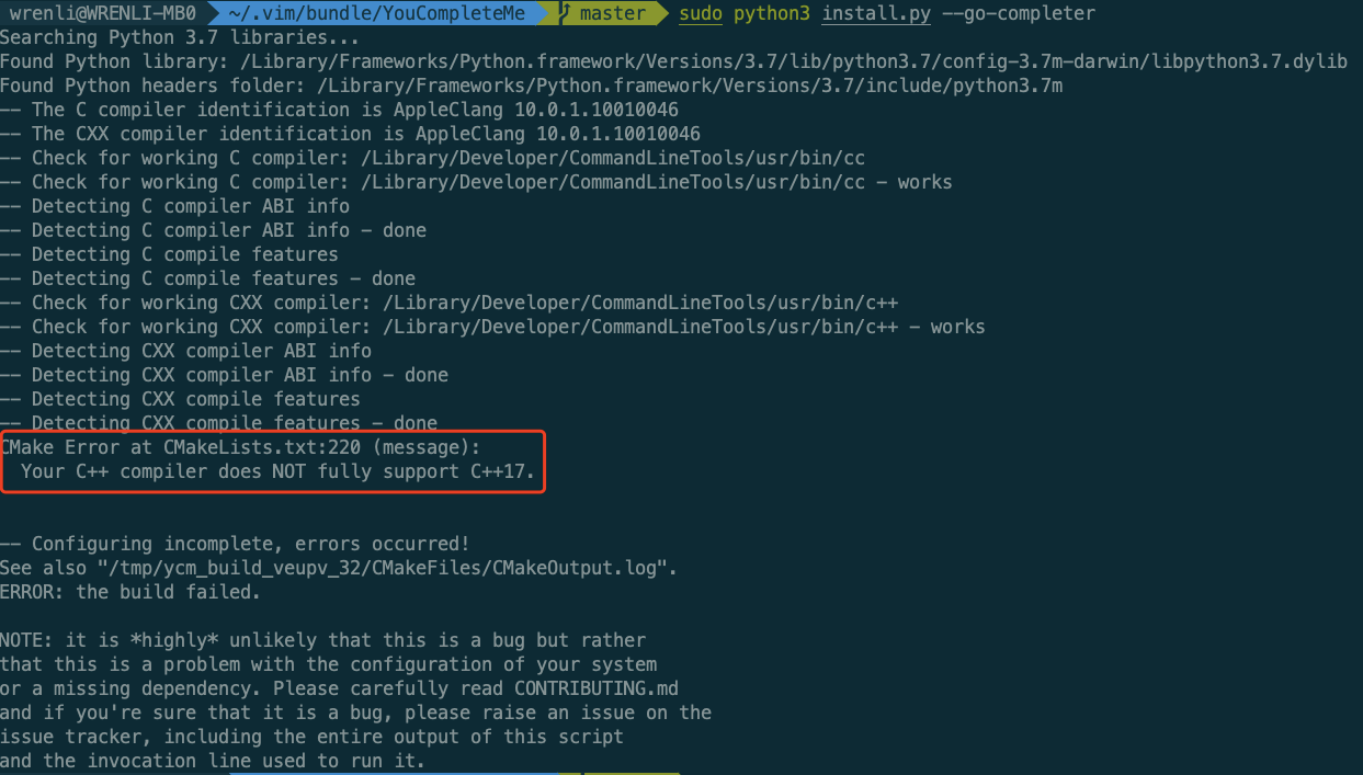 mac vim 安装 YouCompleteMe 插件自动补全