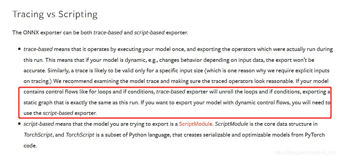 大概就是如果想在Pytorch里面导出含有Python层控制流的模型时导出ONNX会丢失控制流，如果需要保留建议导出TorchScript模型或者使用基于script模型的导出方式
