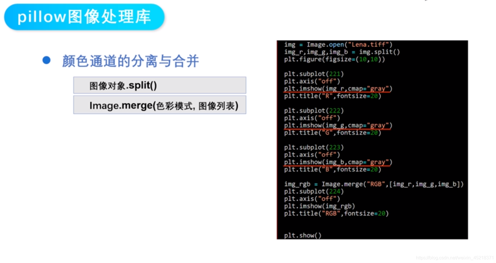 split函数是将彩色图像分离成三种颜色RGB，然后可以通过merge函数将这三个RGB图像进行合并成彩色图像