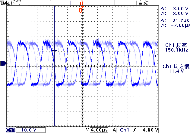 ▲ 将发送线圈放在接收线圈上,T1栅极的电压