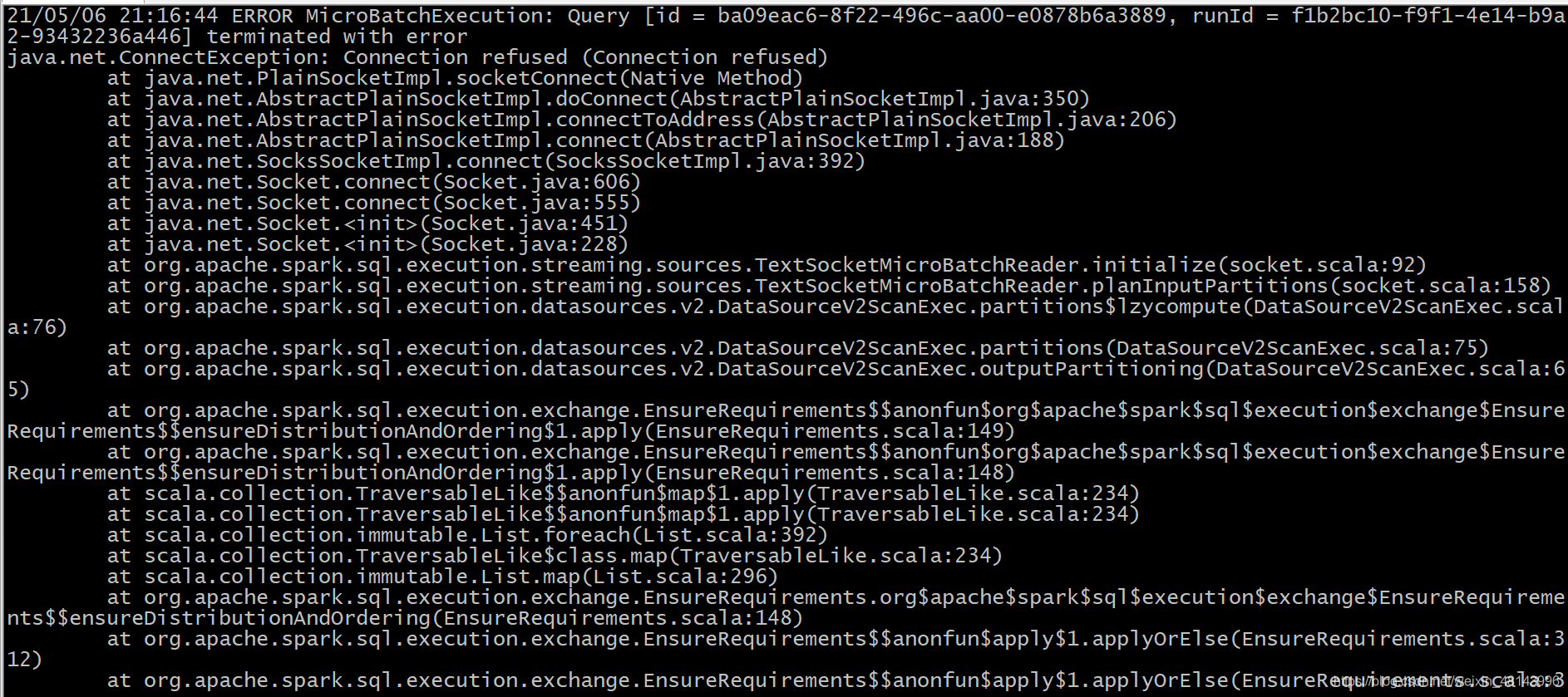 ERROR MicroBatchExecution: Query [id = ba09eac6-8f22-496c-aa00 ...