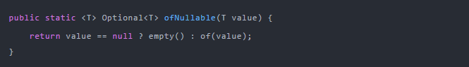 public static  Optional ofNullable(T value) {return value == null ? empty() : of(value);}