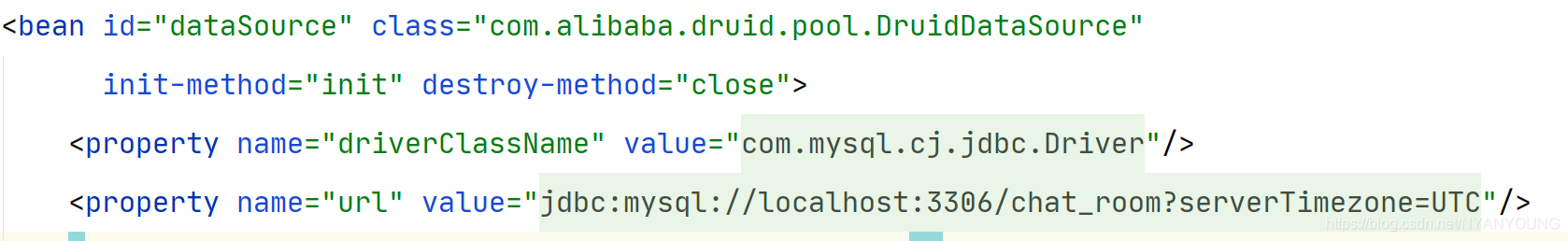 driverClassName要改成com.mysql.cj.jdbc.Driver，比之前多了一个cj；url要加上时区，变成jdbc:mysql://localhost:3306/chat_room?serverTimezone=UTC