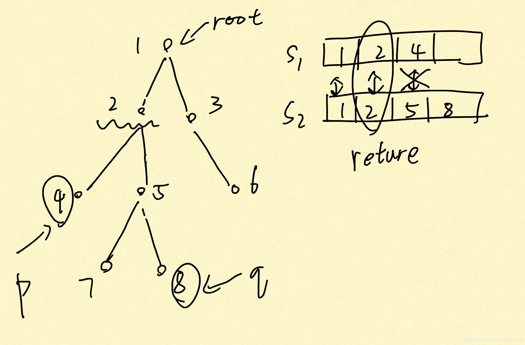 C语言数据结构-树和二叉树-共同祖先  假设二叉树采用二叉链表方式存储， root指向根结点，p所指结点和q所指结点为二叉树中的两个结点，编写一个计算它们的最近的共同祖先