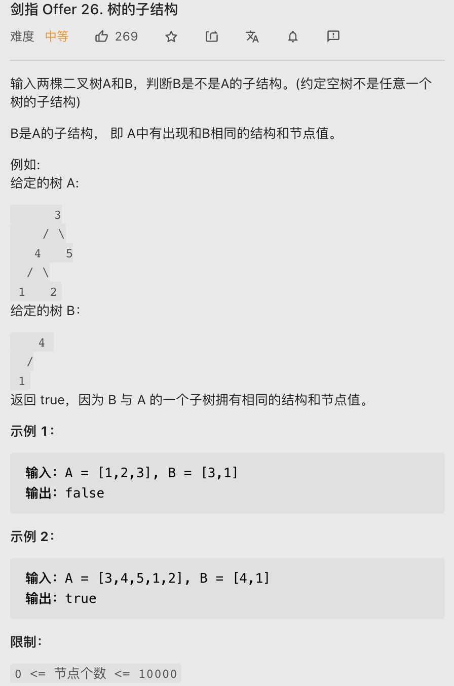 【LeetCode笔记】剑指 Offer 26-. 树的子结构 （Java、双重dfs、二刷）