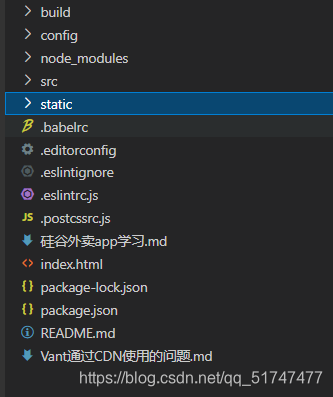 build/config/是打包的配置文件、node_modules是第三方包、src源码，（你在这搭建项目目录框架  其他都是配置文件）在这里插入图片描述
