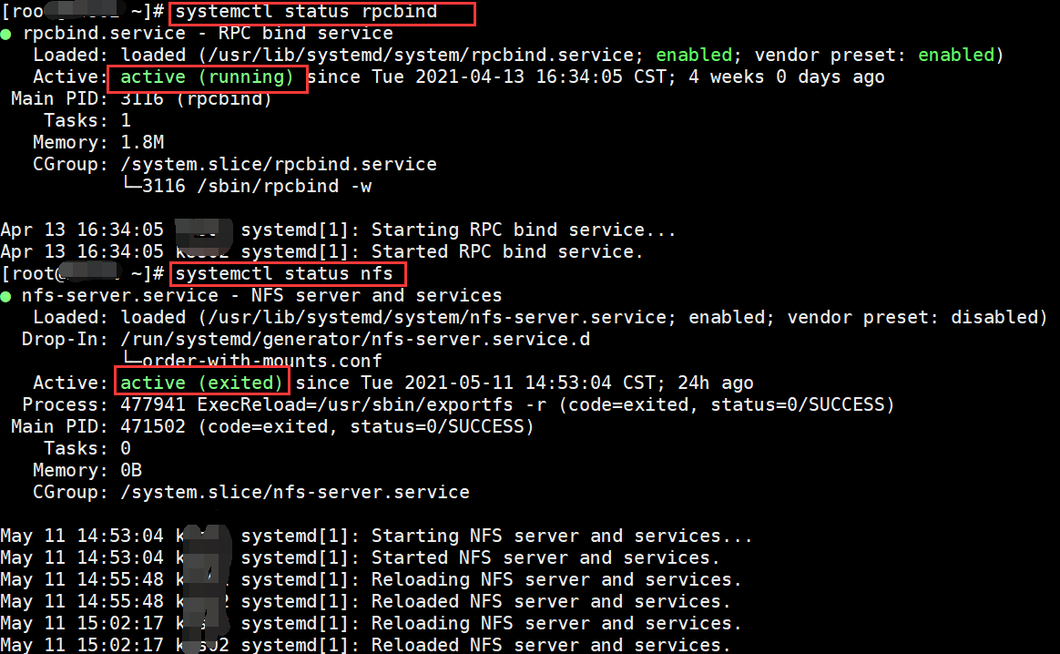 查看nfs和prcbind服务状态