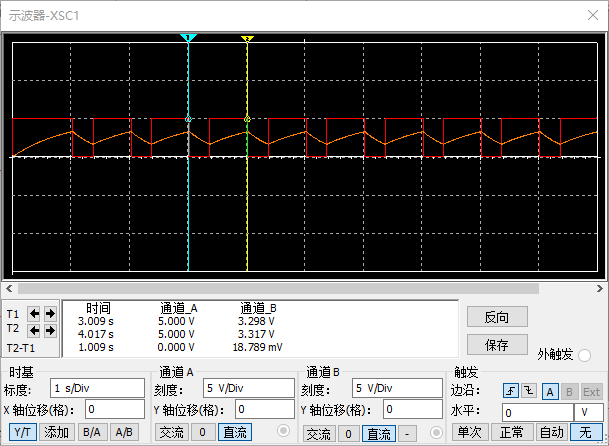 555定時器產生1hz方波的multisim仿真電路圖以及示波器波形圖仿真