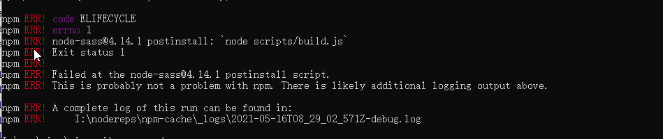 启动vue项目失败，报错Failed at the node-sass@4.14.1 postinstall script.