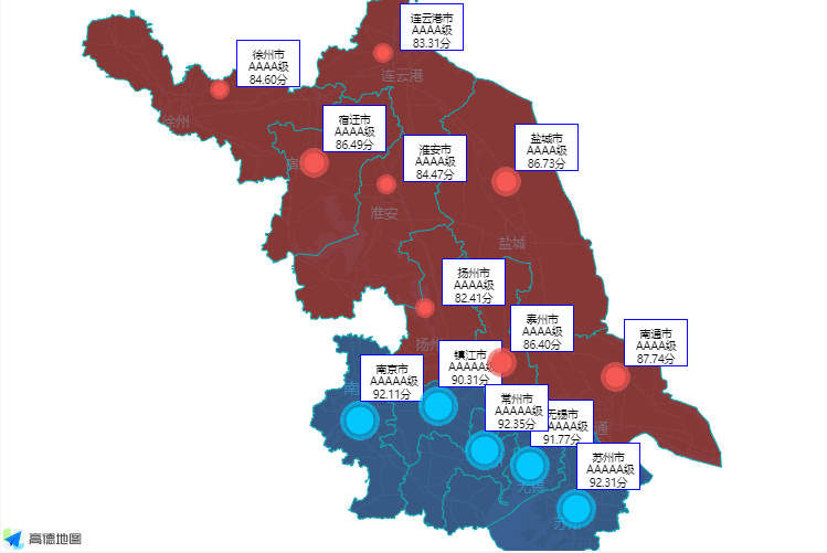 高德地图绘制省市边界根据指标各市显示不同状态