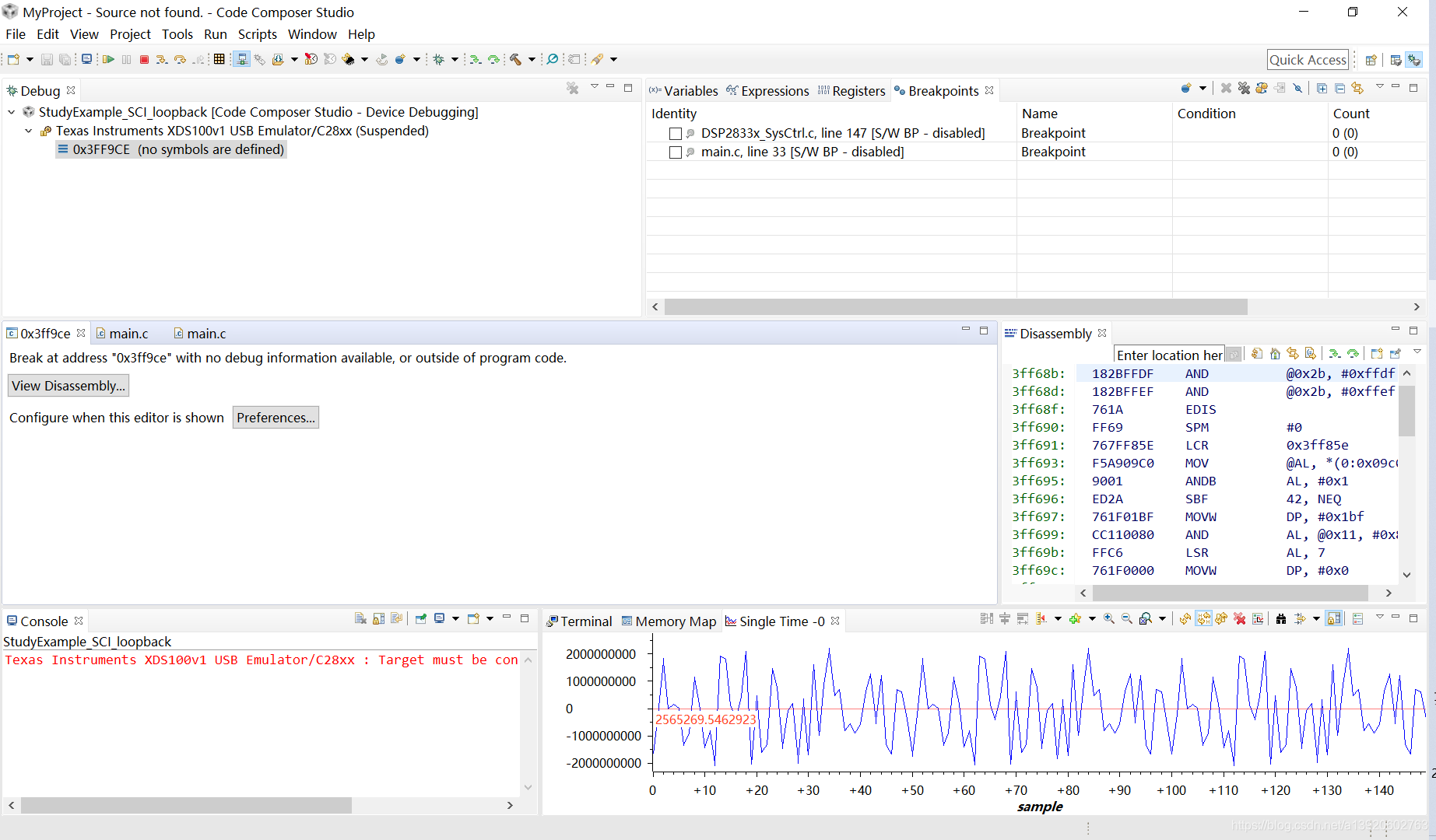 CCS调试问题 Break at address “0x3ff9ce“ with no debug information available ...