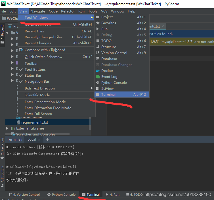 pycharm windows 打开命令行终端terminal_“view”->“tool windows”->“terminal”汉化后叫啥 ...