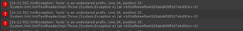 Unity android 报错 XmlException: ‘tools‘ is an undeclared prefix. Line 24, position 15