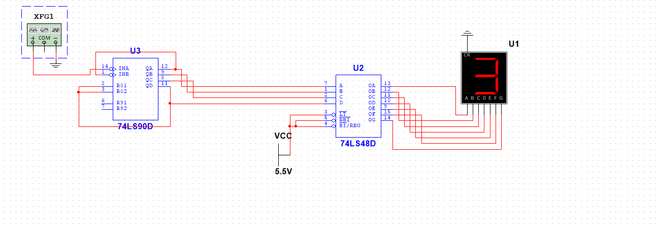 用74ls90完成8421bcd码8进制计数器,并用数码管显示