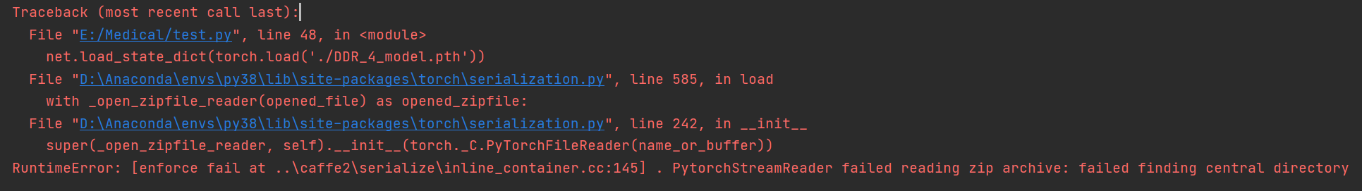 [enforce fail at ..\caffe2\serialize\inline_container.cc:145