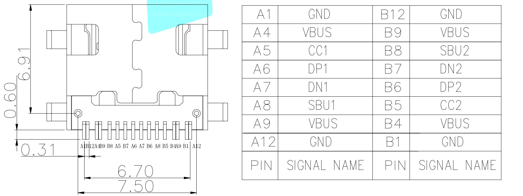 typec6p母座引脚接线图图片