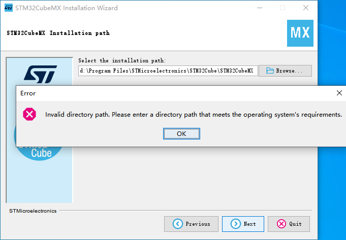 stm32cube 不能安装解决,Invalid directory path.Please enter a directory path ...