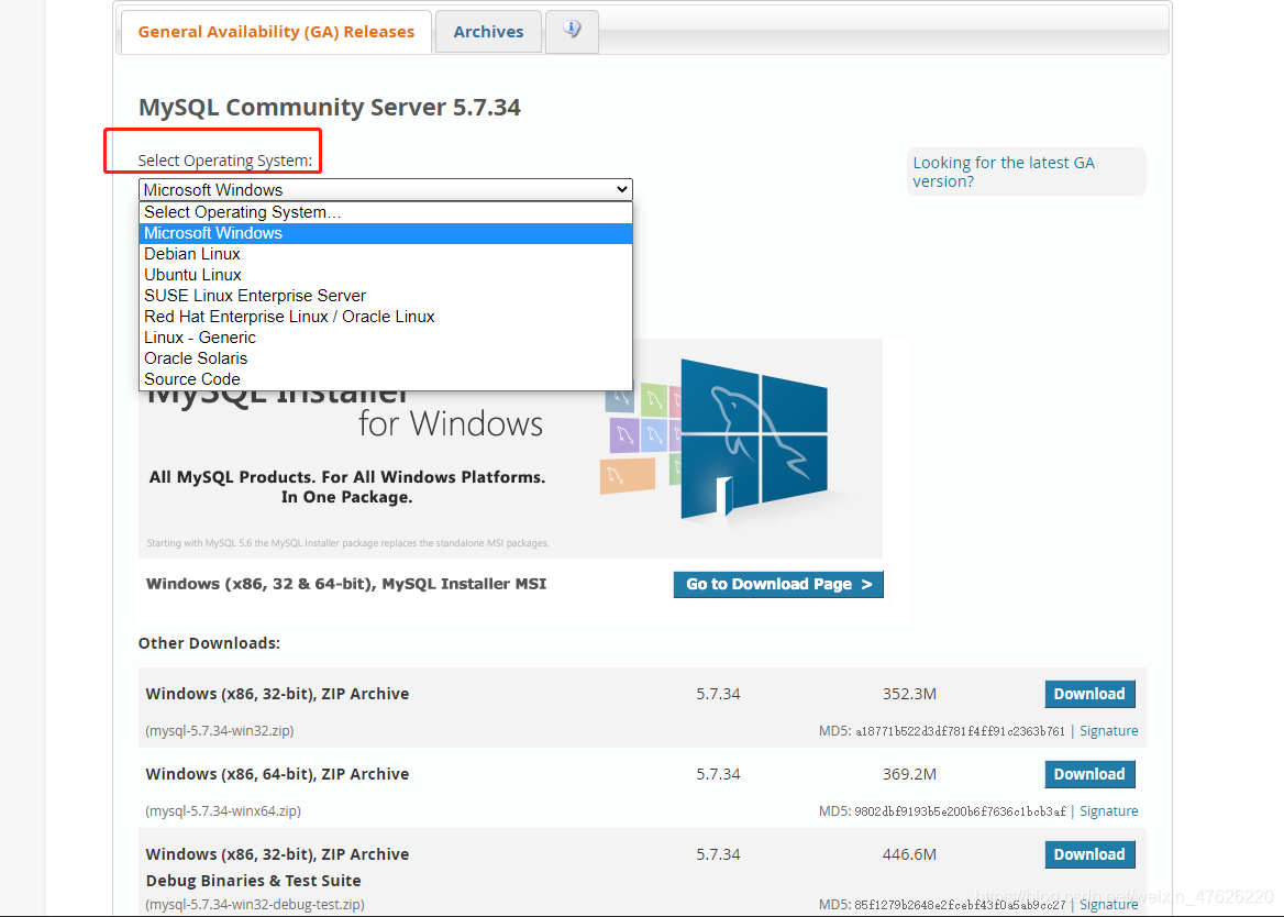 mysql operating system and version selection
