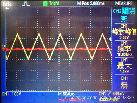 输出峰峰值约为2.5V的三角波信号的时域波形（图中黄色曲线）
