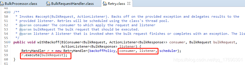 Retry.withBackoff(BiConsumer<BulkRequest, ActionListener> consumer, BulkRequest bulkRequest, ActionListener listener)方法