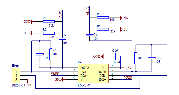 图4-0 adc1,adc2信号放大电路
